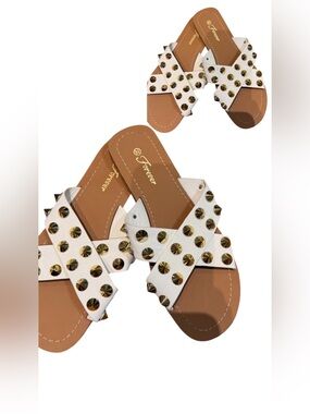 Forever 21 White Cross-Strap Slide Sandals with Gold Studs